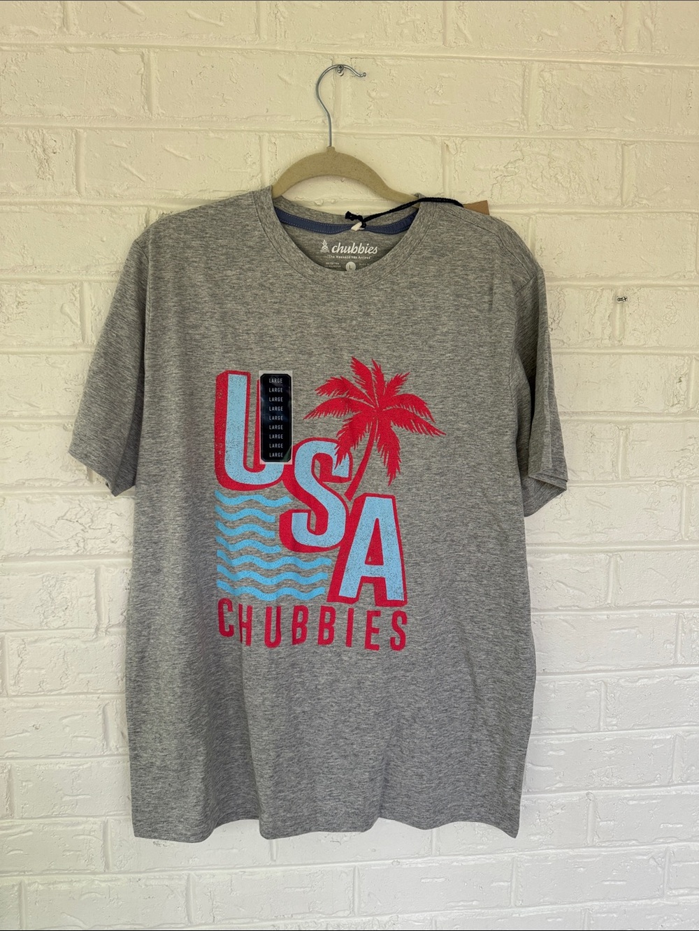 chubbies Gray Tee with Red USA Palm Graphic and Light Blue Waves